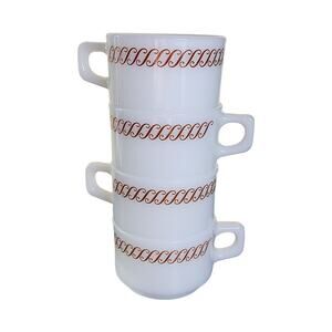 Pyrex Regency Brown Scroll Milk Glass Stackable Diner Coffee Cups Set of 4